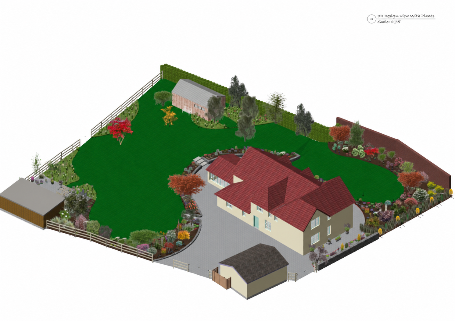 Country garden — planted design. A three-dimensional view of the house, garden buildings, lawns and proposed planting.