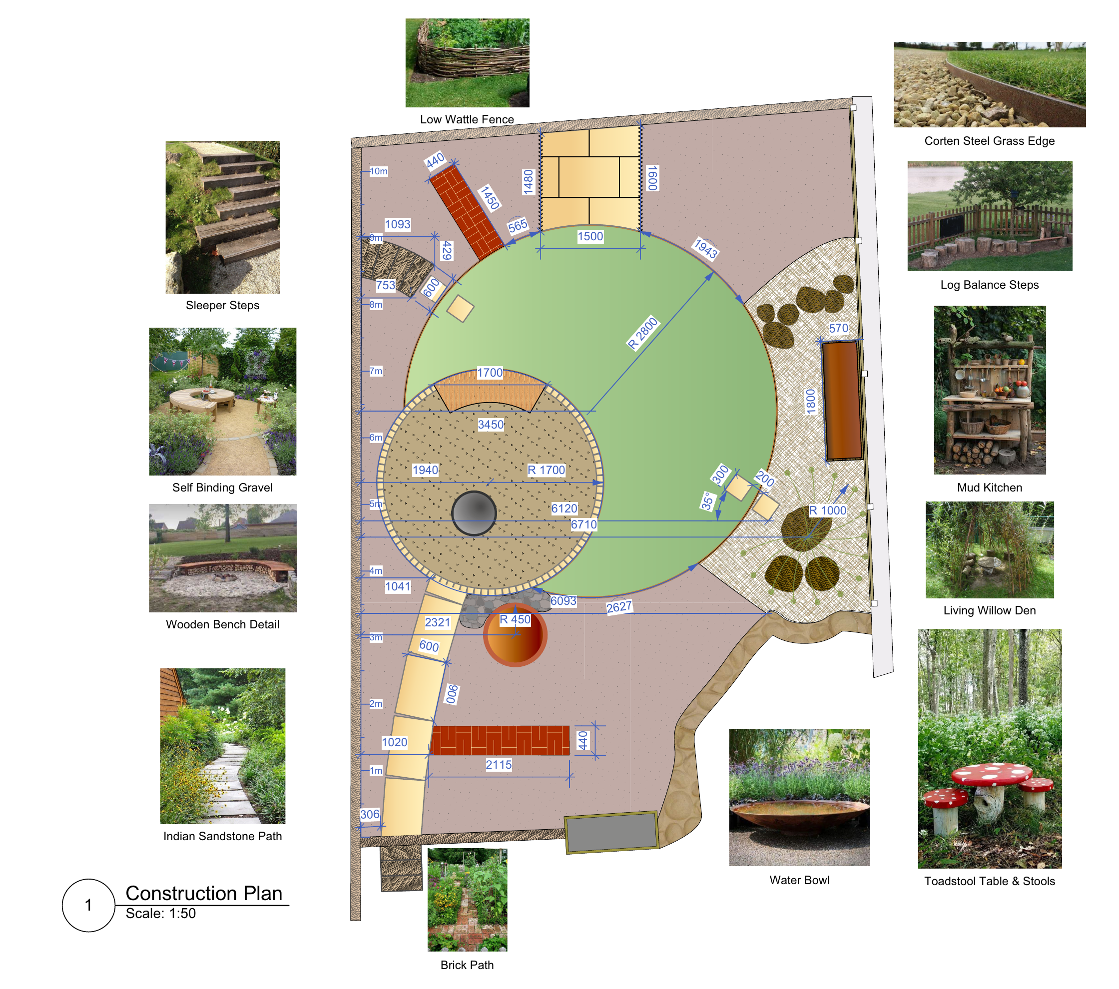 Family garden — construction plan. A dimensioned layout with a circular seating area, lawn, paths and natural play features, illustrated with material references.