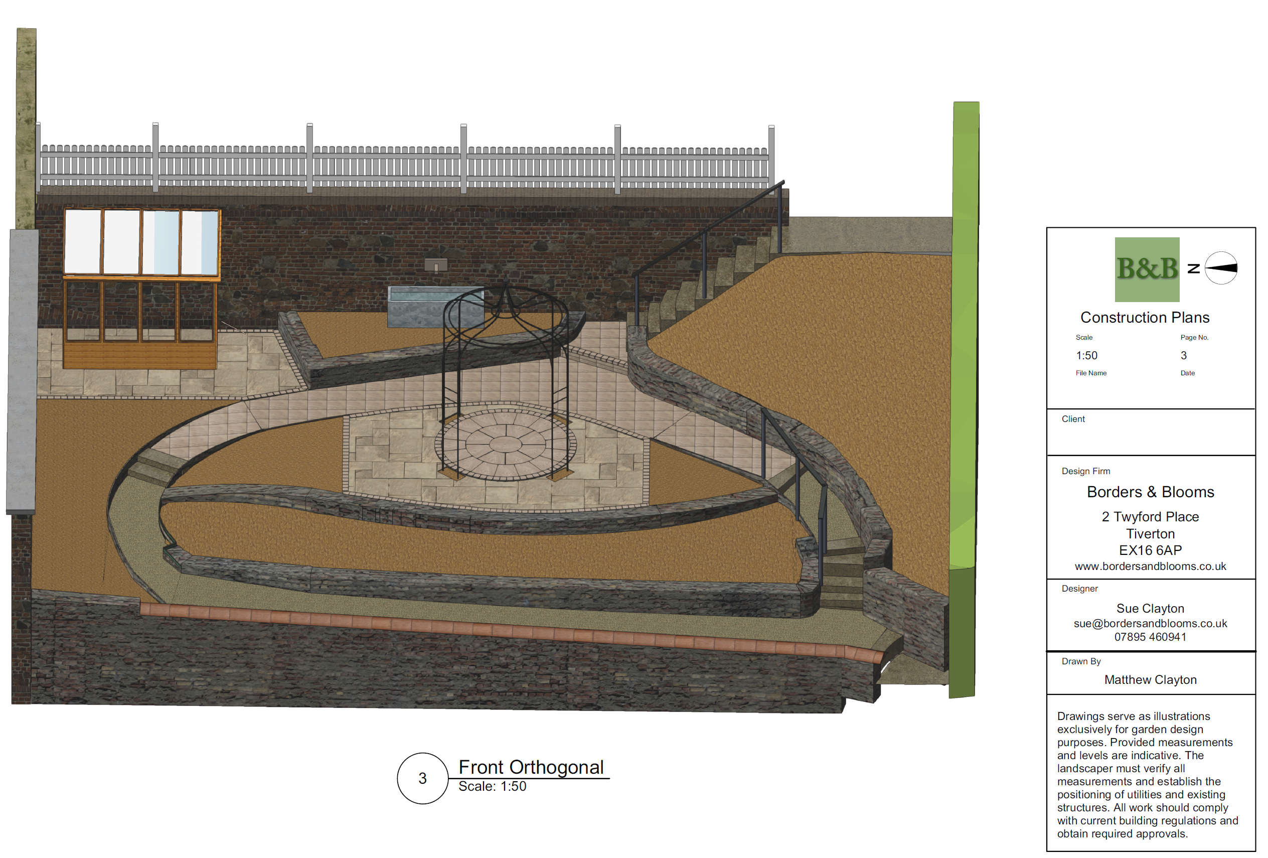 Front orthogonal view. A computer-aided drawing showing the proposed garden layout in three dimensions.