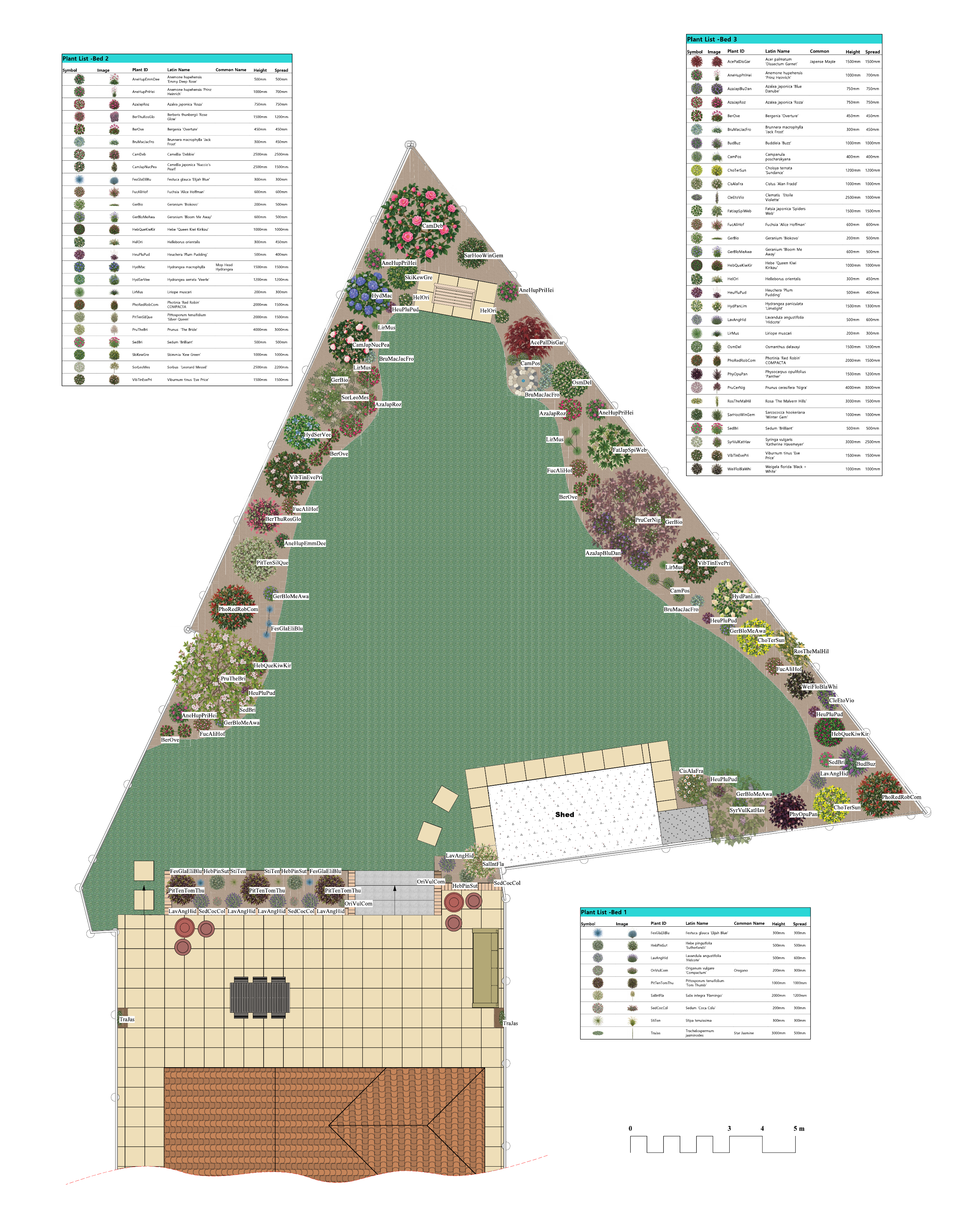 Terraced garden — planting plan. A detailed planting layout with plant schedules for three beds, a central lawn and a dining terrace.