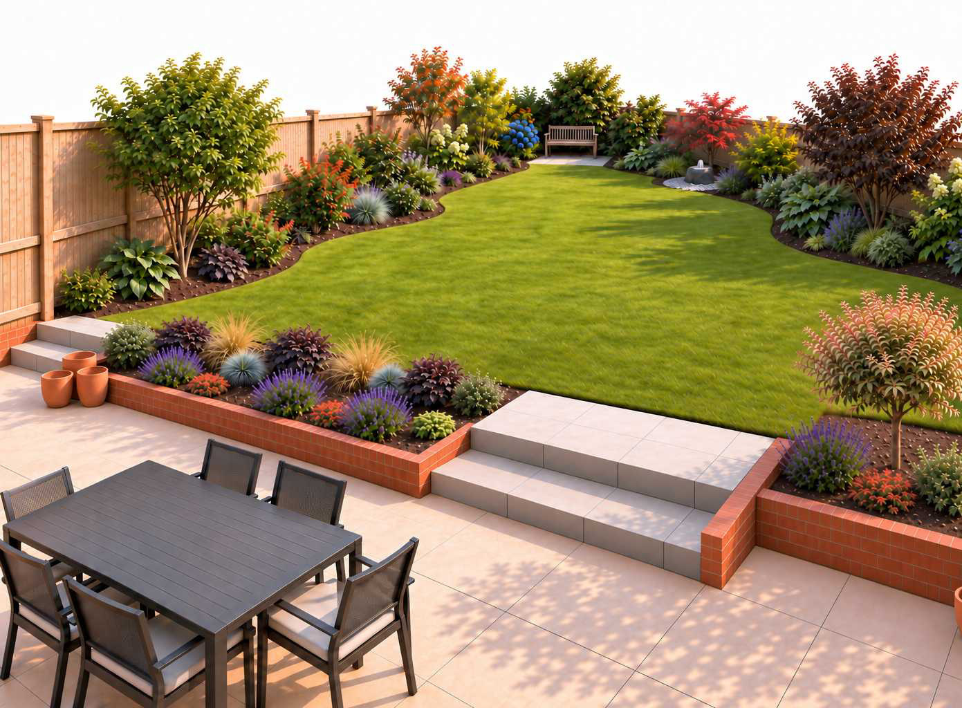 Terraced garden — perspective view. A garden visualisation with a dining terrace, raised borders and a lawn framed by colourful planting.